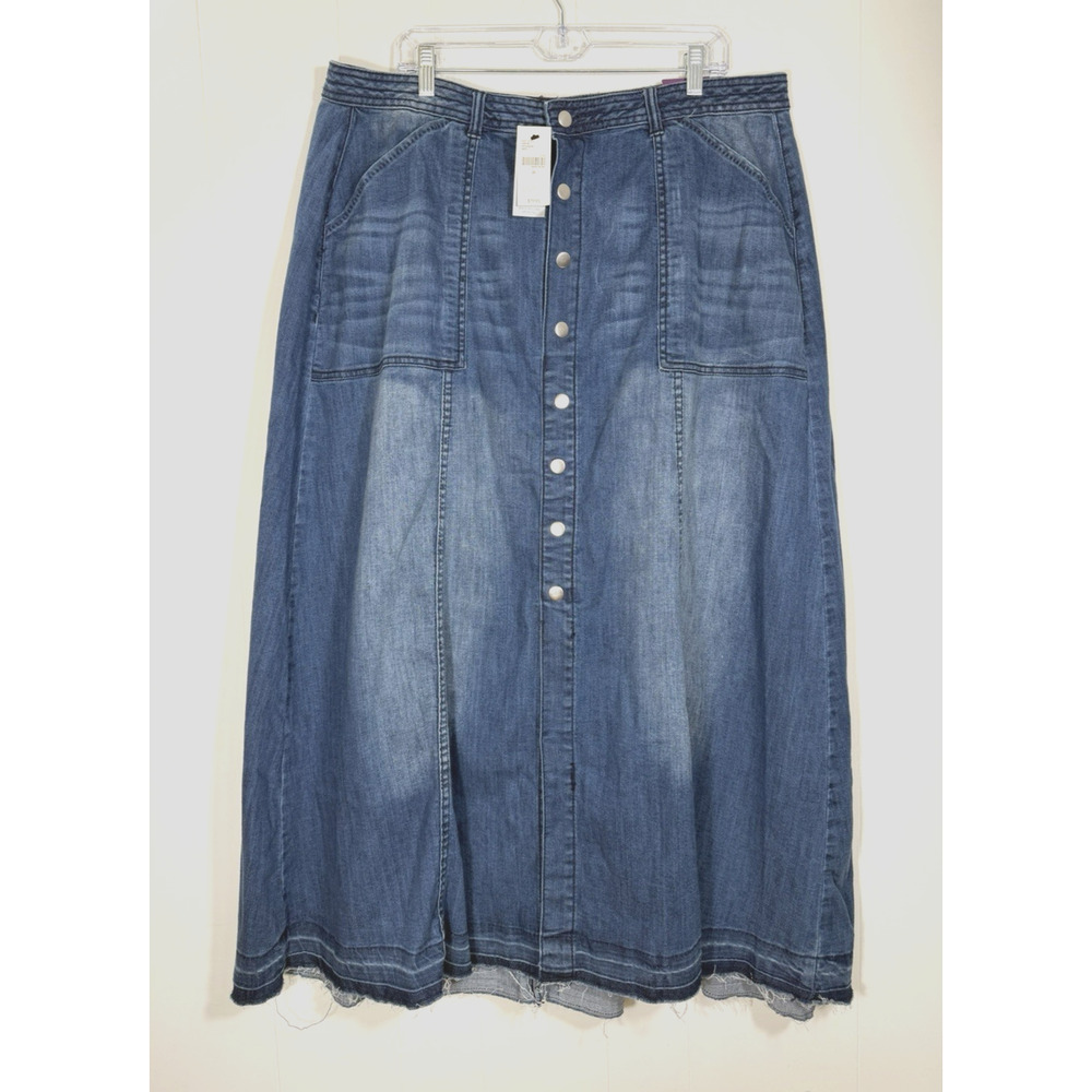 Lane Bryant A-Line Denim Maxi Skirt Plus Size 20 Stretch Snaps Raw Hem New